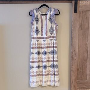 LOFT White and Blue Patterned Midi Dress